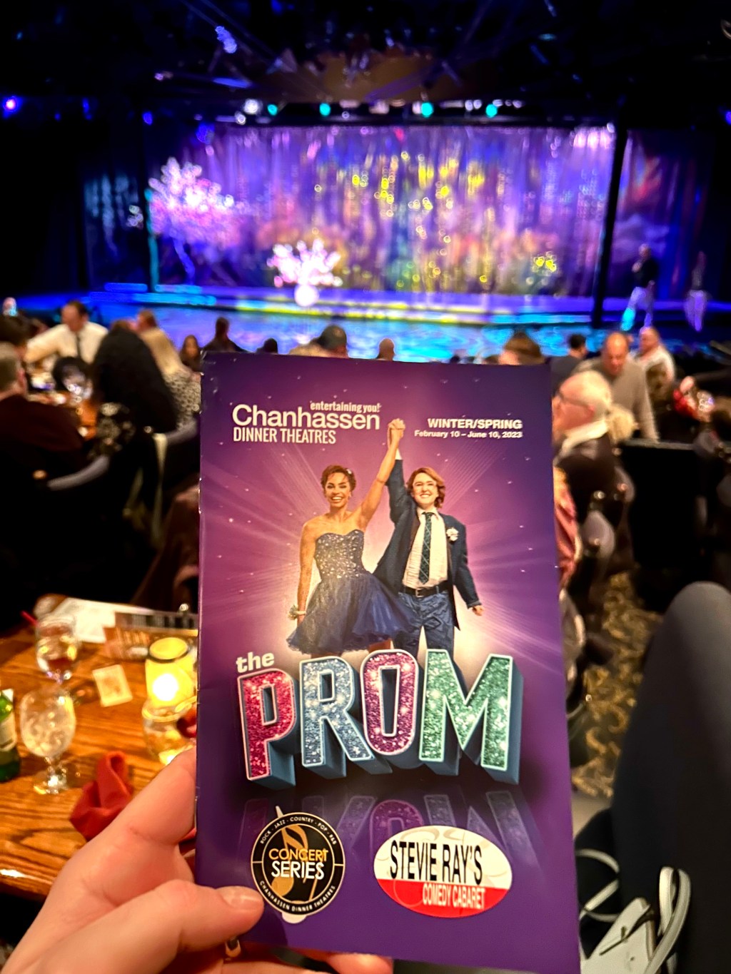 A program for The Prom, a 2018 Broadway musical now playing at Chanhassen Dinner Theatres in Minnesota