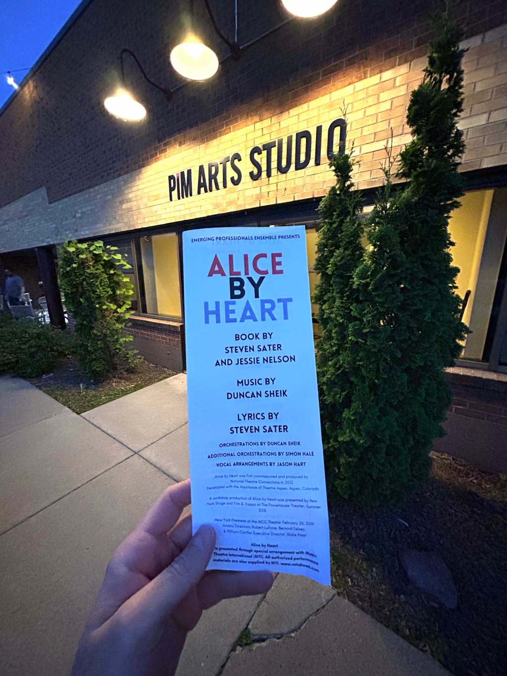 The program for "Alice by Heart" by the Emerging Professionals Ensemble at PiM Arts High School