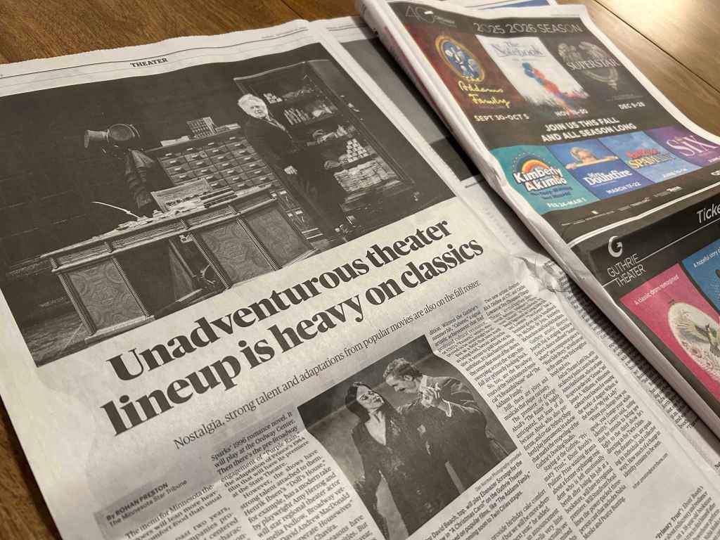 Two pages in the Star Tribune's fall 2025 arts preview, including one with the headline "Unadventurous theater lineup is heavy on classics"