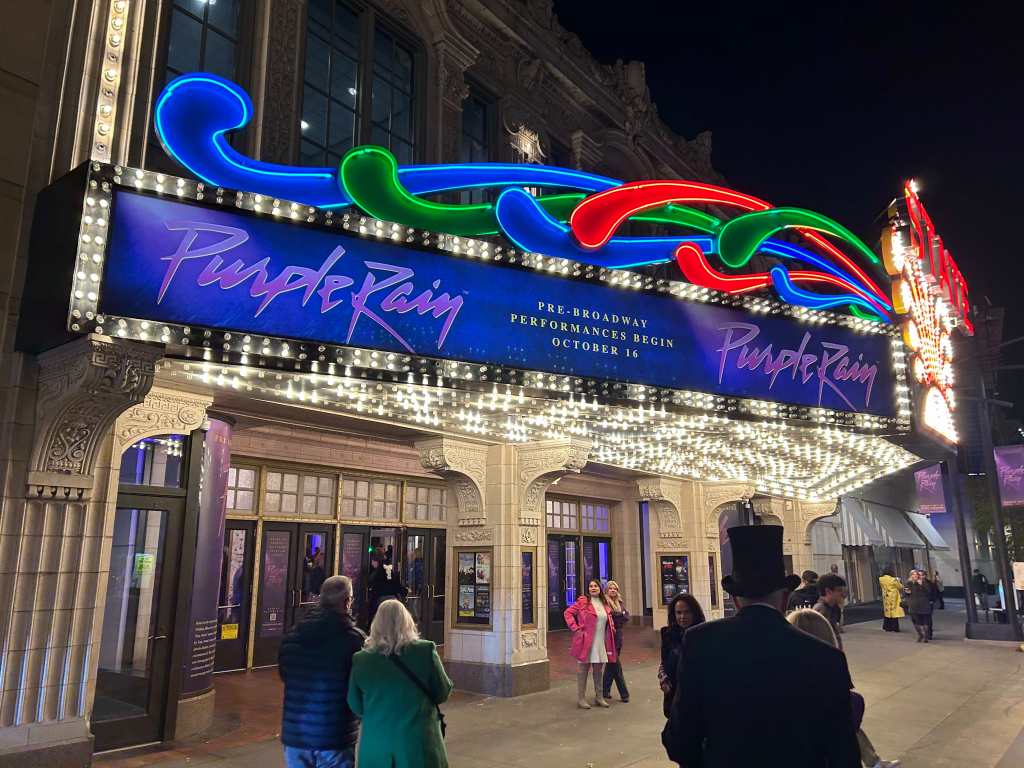 The marquee at the State Theatre in Minneapolis, MN, for opening night of "Purple Rain" the musical, based on the 1984 Prince movie