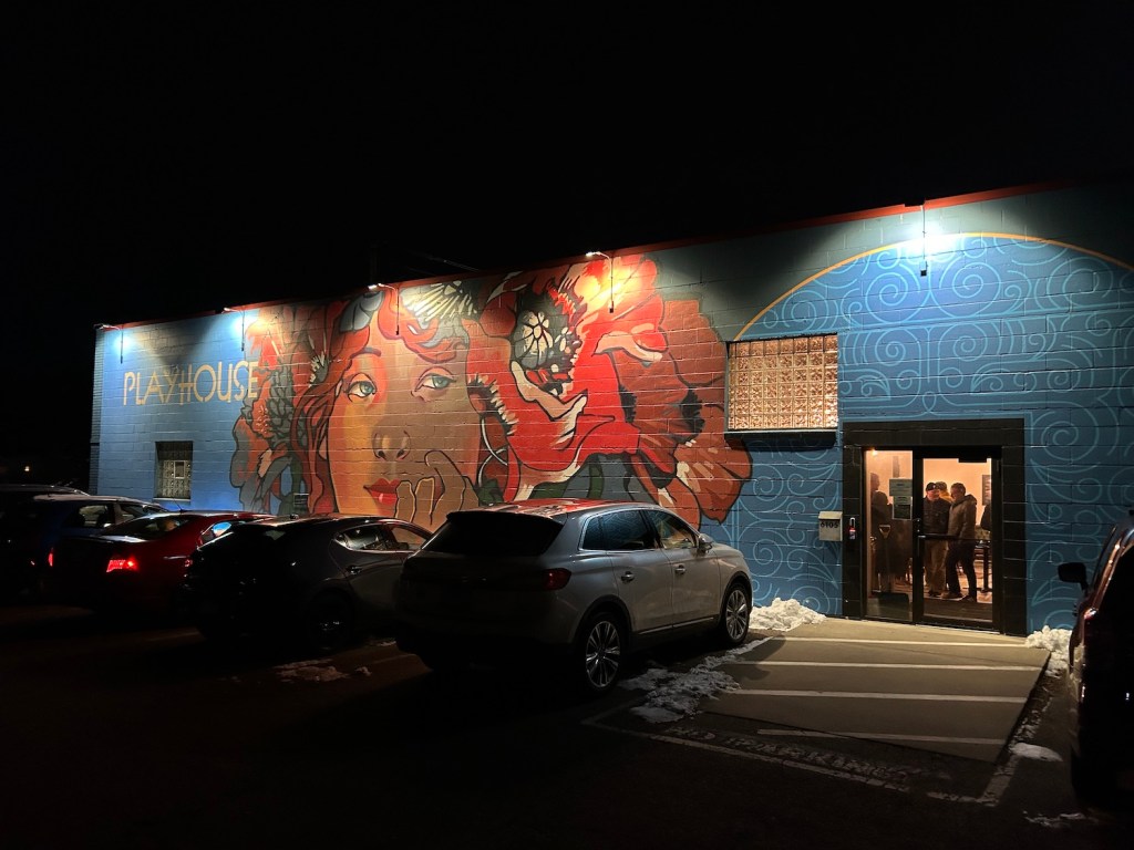 Elision Playhouse, which houses Theatre Elision, pictured at night after a performance of the musical "In the Green"